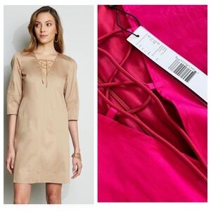 NWT Elie Tahari cotton Stretch bright pink poplin tie front Dress Size 6